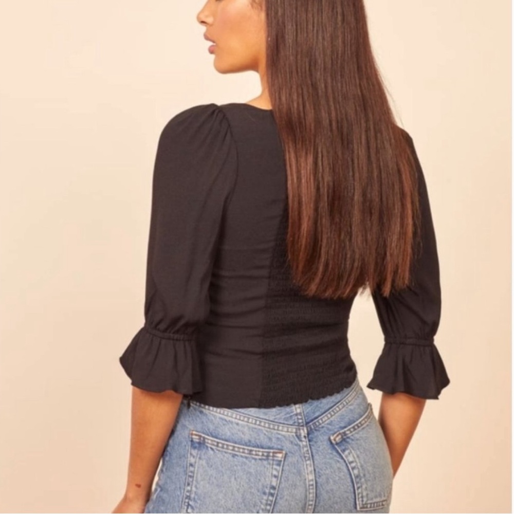 Reformation Black Ana Corset Style Fitted Top Blouse with Puff Sleeves Size 2 - Picture 2 of 8